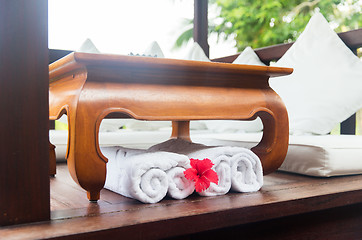 Image showing rolled bath towels at hotel spa