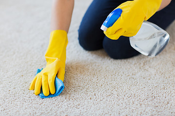 Image showing close up of woman with cloth cleaning carpet