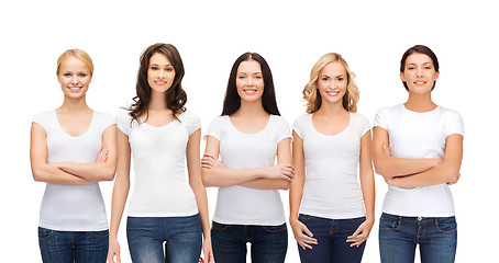 Image showing group of smiling women in blank white t-shirts