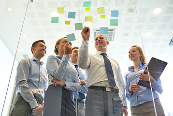 Image showing smiling business people with marker and stickers