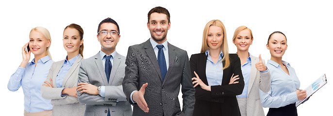 Image showing group of smiling businessmen showing thumbs up