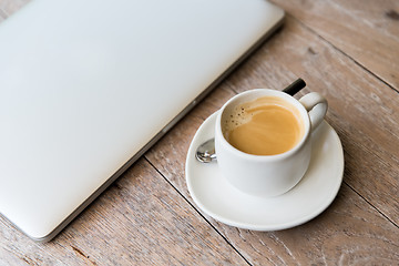 Image showing close up of laptop and coffee cup on office table