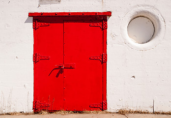 Image showing Big Red Metal Door Great Lakes Lighthouse