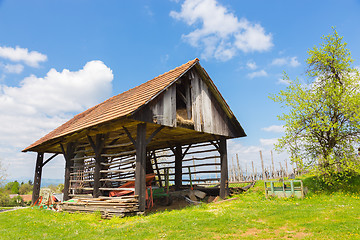 Image showing Hayrack and barn in Alpine enviroment, Slovenia