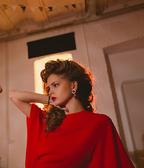 Image showing beautiful blonde woman with red lips and curly hairs