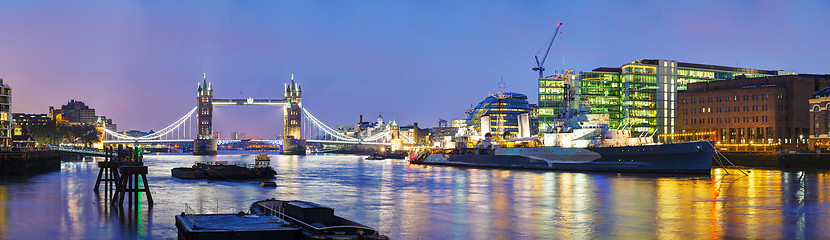 Image showing Panoramic overview of Tower bridge in London, Great Britain