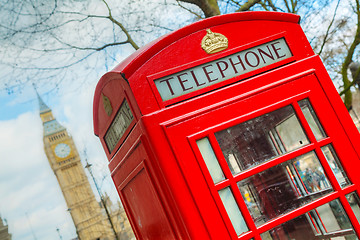 Image showing Famous red telephone booth in London