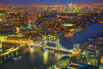 Image showing Aerial overview of London city with the Tower bridge