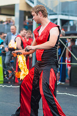 Image showing Dance with fire or fire show in the program Youth meeting in boxing match between teams of Russia and Cuba