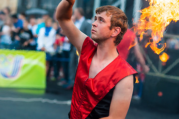 Image showing Dance with fire or fire show in the program Youth meeting in boxing match between teams of Russia and Cuba