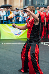 Image showing Dance with fire or fire show in the program Youth meeting in boxing match between teams of Russia and Cuba