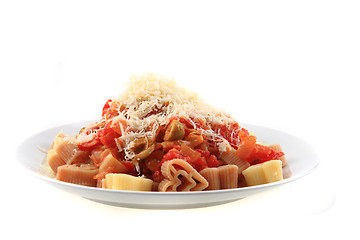 Image showing pasta with olives and tomatoes