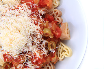 Image showing pasta with olives and tomatoes