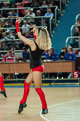 Image showing Girl Cheerleading appear on stage Match of the womens League of the Championship of Russia on basketball Nadezhda (Orenburg)-Dinamo GUVD (Novosibirsk)