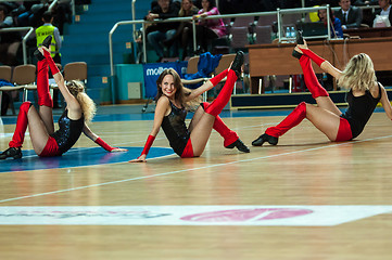 Image showing Girl Cheerleading appear on stage Match of the womens League of the Championship of Russia on basketball Nadezhda (Orenburg)-Dinamo GUVD (Novosibirsk)