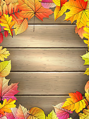 Image showing Wooden planks with autumn leaves. EPS 10