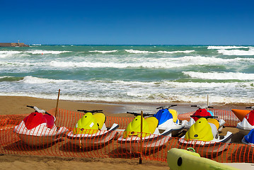 Image showing Several water scooters for walks by the sea.