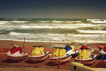 Image showing Several water scooters for walks by the sea.