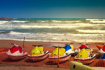 Image showing Several water scooters for walks by the sea.