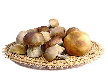 Image showing Mushrooms in a wicker dish on a white background.