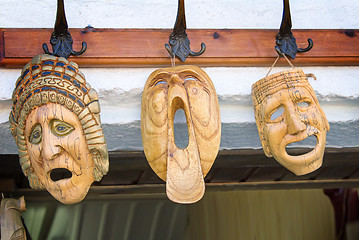 Image showing Souvenirs : masks made of wood, symbolizing human emotions.