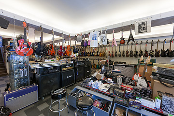 Image showing OSLO, NORWAY - May 4, 2011: Colorful guitars at  .