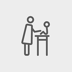 Image showing Mother taking care of her baby sitting on high chair thin line icon