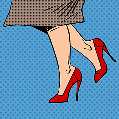 Image showing Female legs in red shoes woman coat goes pop art comics retro st