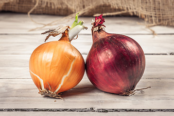 Image showing Onions on a wooden table