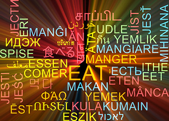 Image showing Eat multilanguage wordcloud background concept glowing