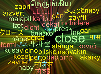 Image showing Close multilanguage wordcloud background concept glowing