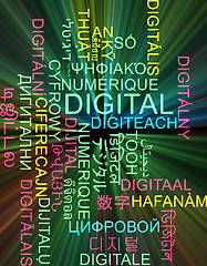 Image showing Digital multilanguage wordcloud background concept glowing