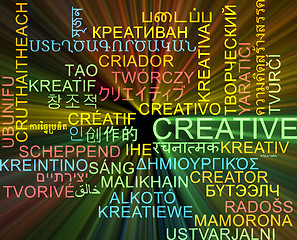 Image showing Creative multilanguage wordcloud background concept glowing