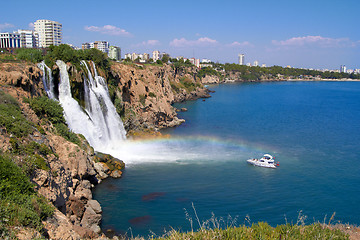 Image showing Wonderful rainbow on Duden river Waterfall  in Antalya, Turkey
