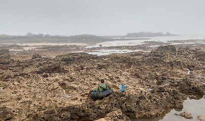 Image showing sea gull flying across a rocky bottom during low tide