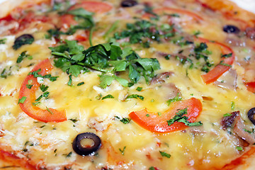 Image showing pizza tasty with olives and tomatos