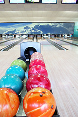 Image showing balls for bowling in bowling-alley