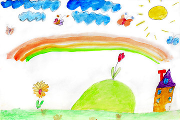 Image showing Children's drawing of flowers and rainbow