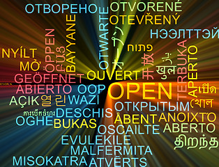 Image showing Open multilanguage wordcloud background concept glowing