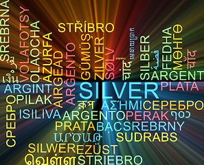 Image showing Silver multilanguage wordcloud background concept glowing