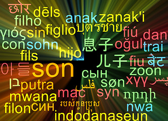Image showing Son multilanguage wordcloud background concept glowing