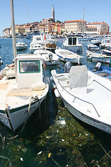 Image showing Anchored boats with city of Rovinj in background