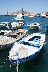 Image showing Anchored boats with town of Rovinj in background
