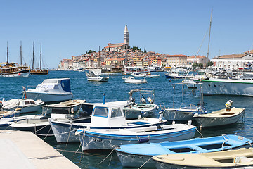 Image showing Boats in marina and town of Rovinj 