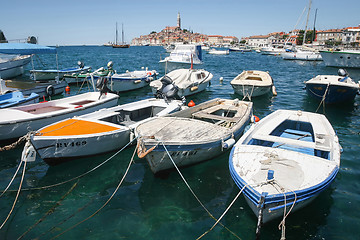 Image showing Moored boats with town of Rovinj in background