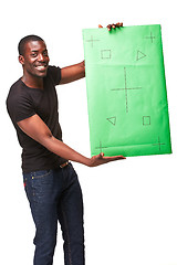 Image showing The smiling african man as black businessman with green panel