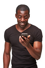 Image showing Portrait of african man talking on the phone