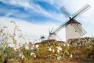 Image showing Vintage windmills in La Mancha.