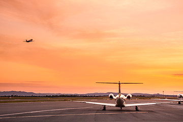 Image showing Airplane at sunset