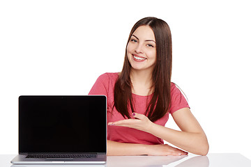 Image showing Woman showing  laptop screen